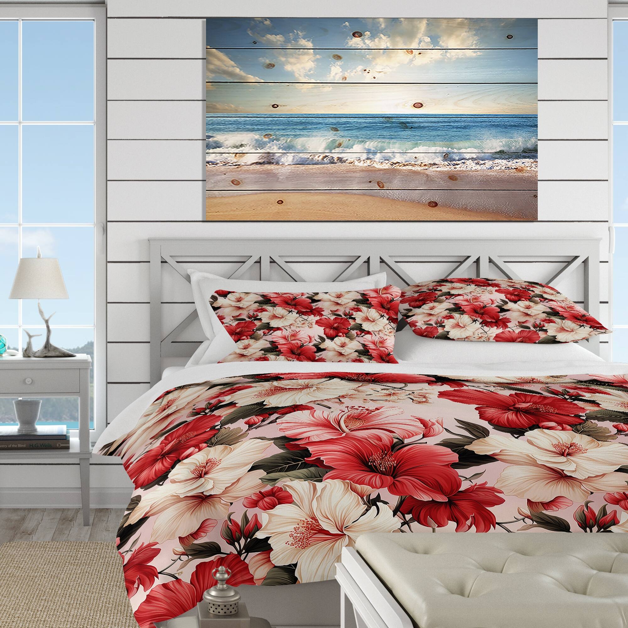 Designart "Hibiscus Romance Tropical Pattern V" White Floral Bedding